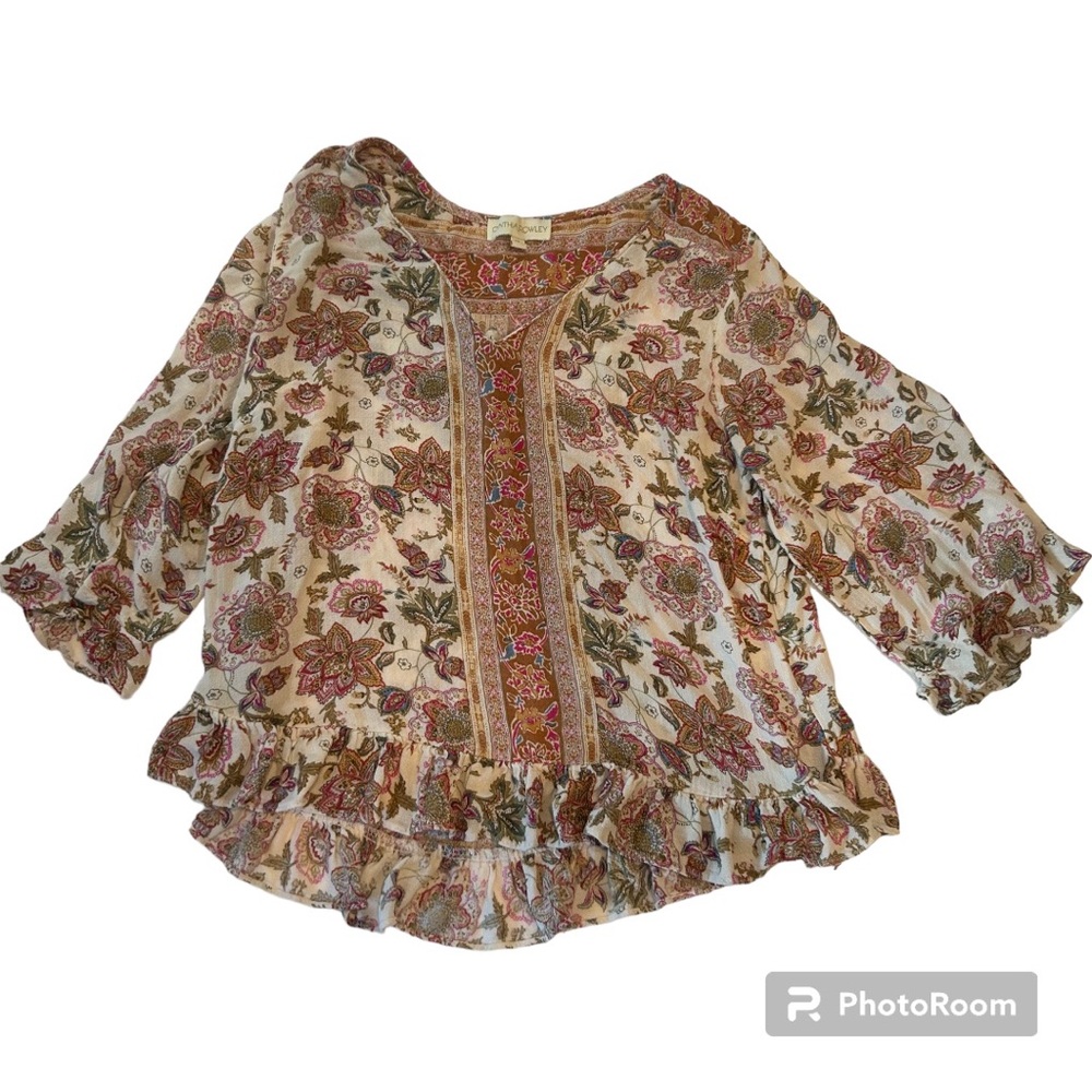 Cynthia Rowley floral print 3/4 sleeve blouse ruffle trim